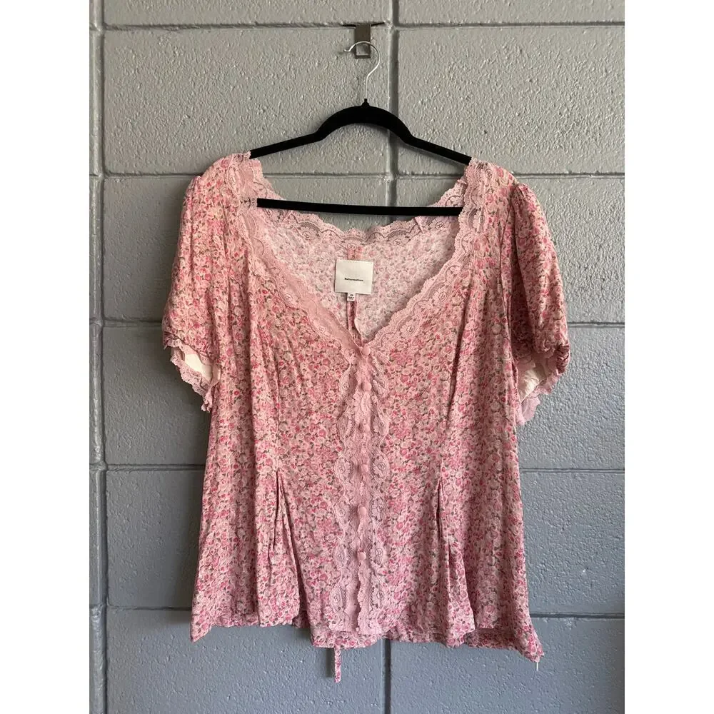 NWT Reformation Pink Puff Sleeve Floral Minette Top size 20